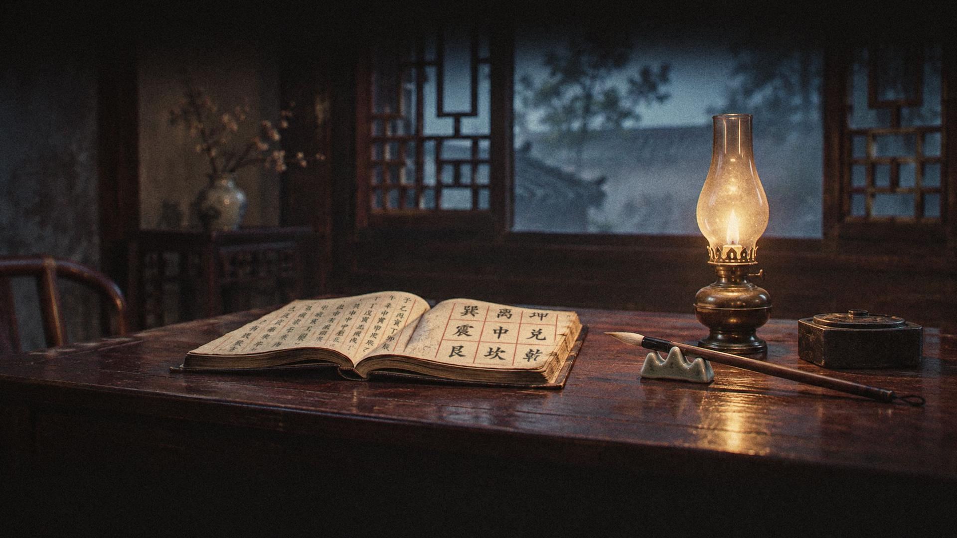 Before dawn in an old family home: an almanac lying open at the sixty-day cycle and a nine-palace grid, an oil lamp and a brush on a rosewood table, mist beyond a lattice window