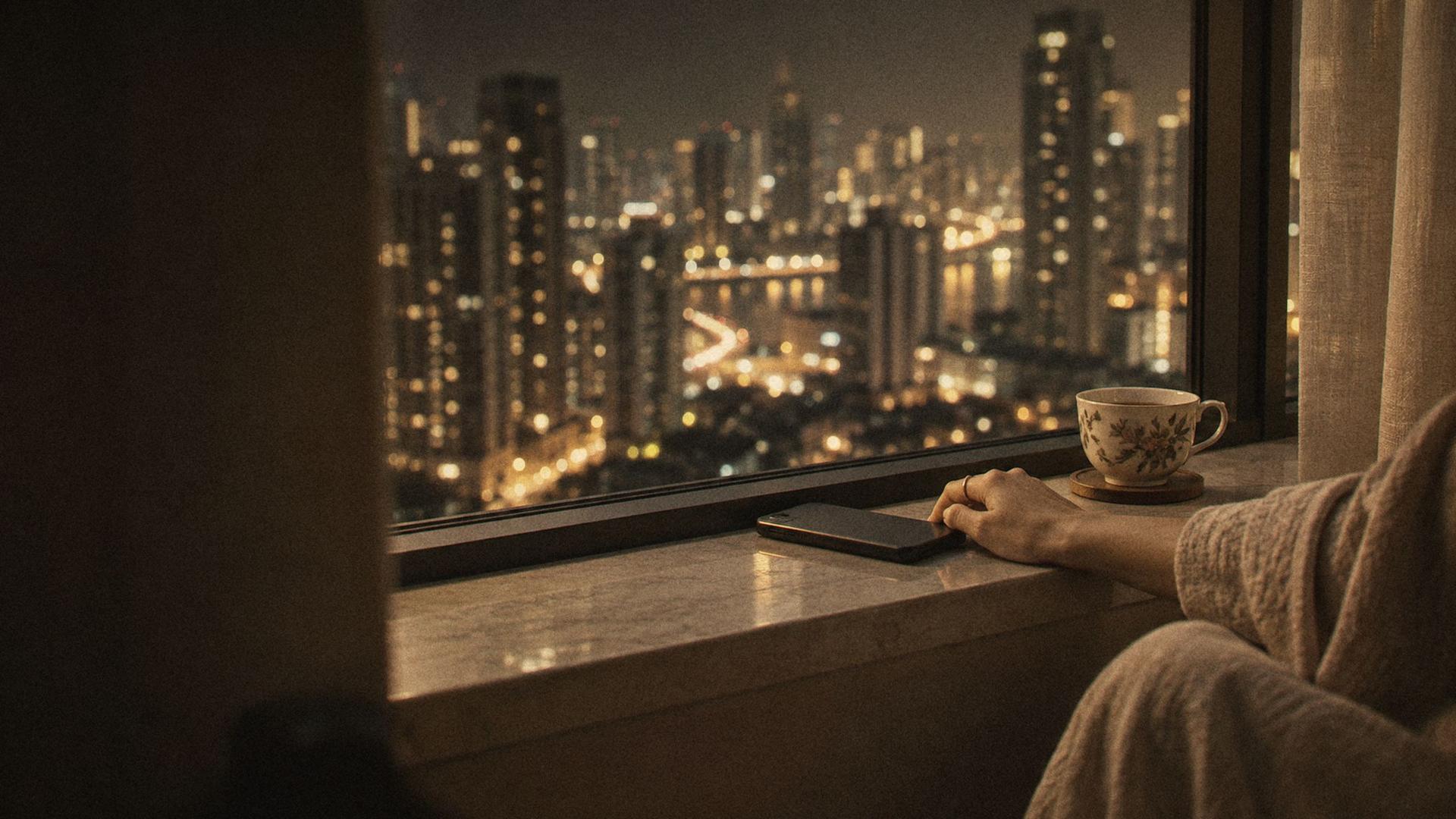 A hand on a window ledge beside a face-down phone and a cup of tea gone cold, the city lights below at night