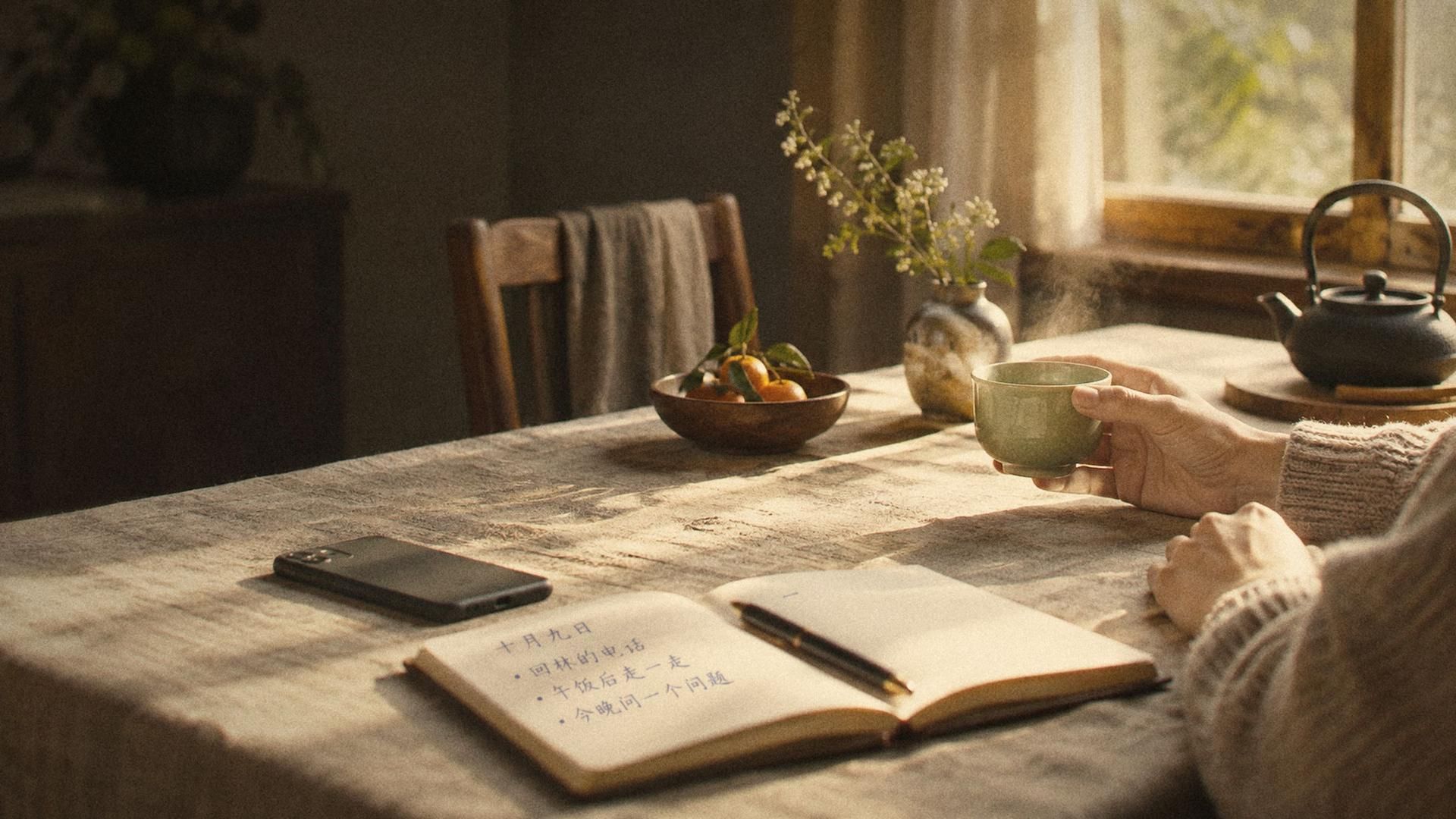 Morning light across a linen tablecloth, a hand holding a celadon cup of tea beside a notebook with a short handwritten list and a face-down phone