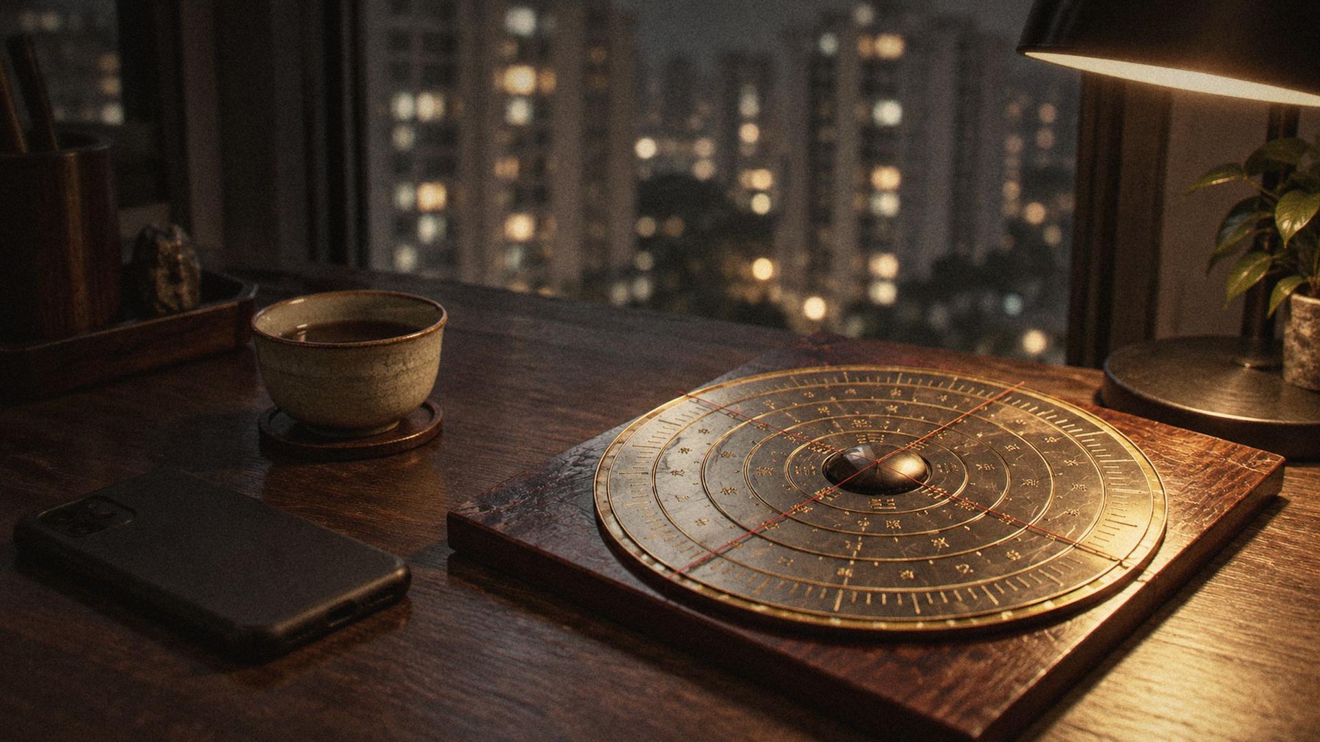 A luopan on a dark desk in a pool of lamp light, a phone face-down beside it, towers beyond the window