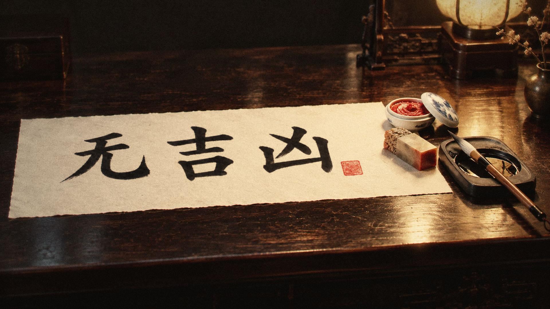 Rice paper on a dark desk under a lamp, brushed in black ink with 无吉凶 — no lucky, no unlucky — and stamped with a red seal; the seal paste and the carved seal beside it, an ink brush on an inkstone